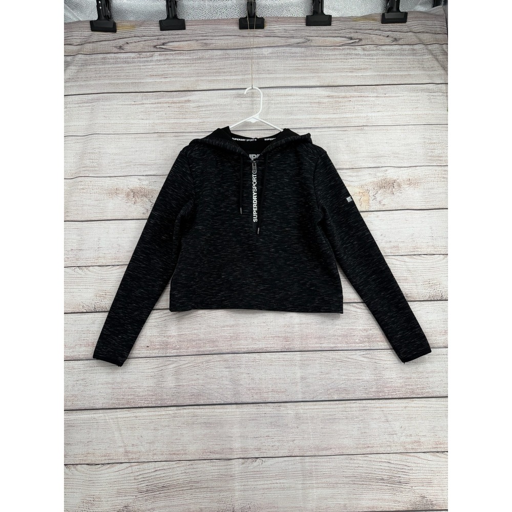 Superdry Sport Hoodie Womens M Black Space Dye Cropped Quarter-Zip